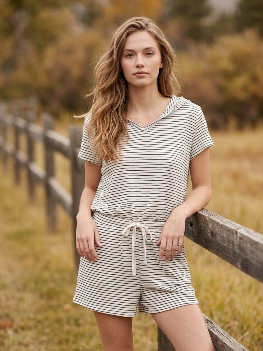 Striped Short Sleeve XL Romper in White/Black w Pockets